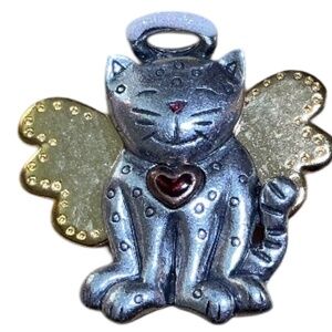 Vintage AJMC Cat Angel Brooch, Mixed Metal Silver & Gold Tone, Red Heart, Halo